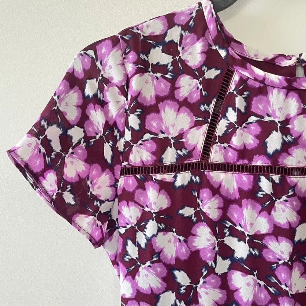 Banana Republic Purple Floral Short Sleeve Pleated Fit & Flare Dress